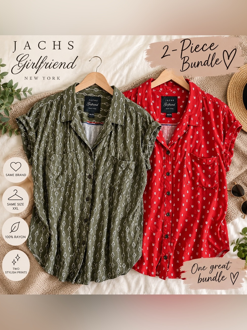 JACHS Girlfriend | Olive Green & Red | Short-Sleeve Button Down - 2-Pack | XXL